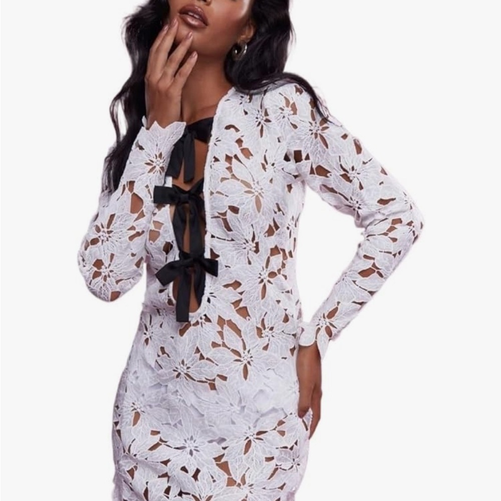 Elegant White Lace Dress with Black Ribbon Detail